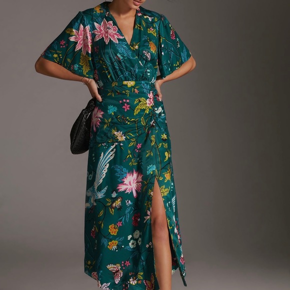 Anthropologie Dresses & Skirts - Anthropologie | Maeve Dark Green Floral Buttonfront Shirt Dress